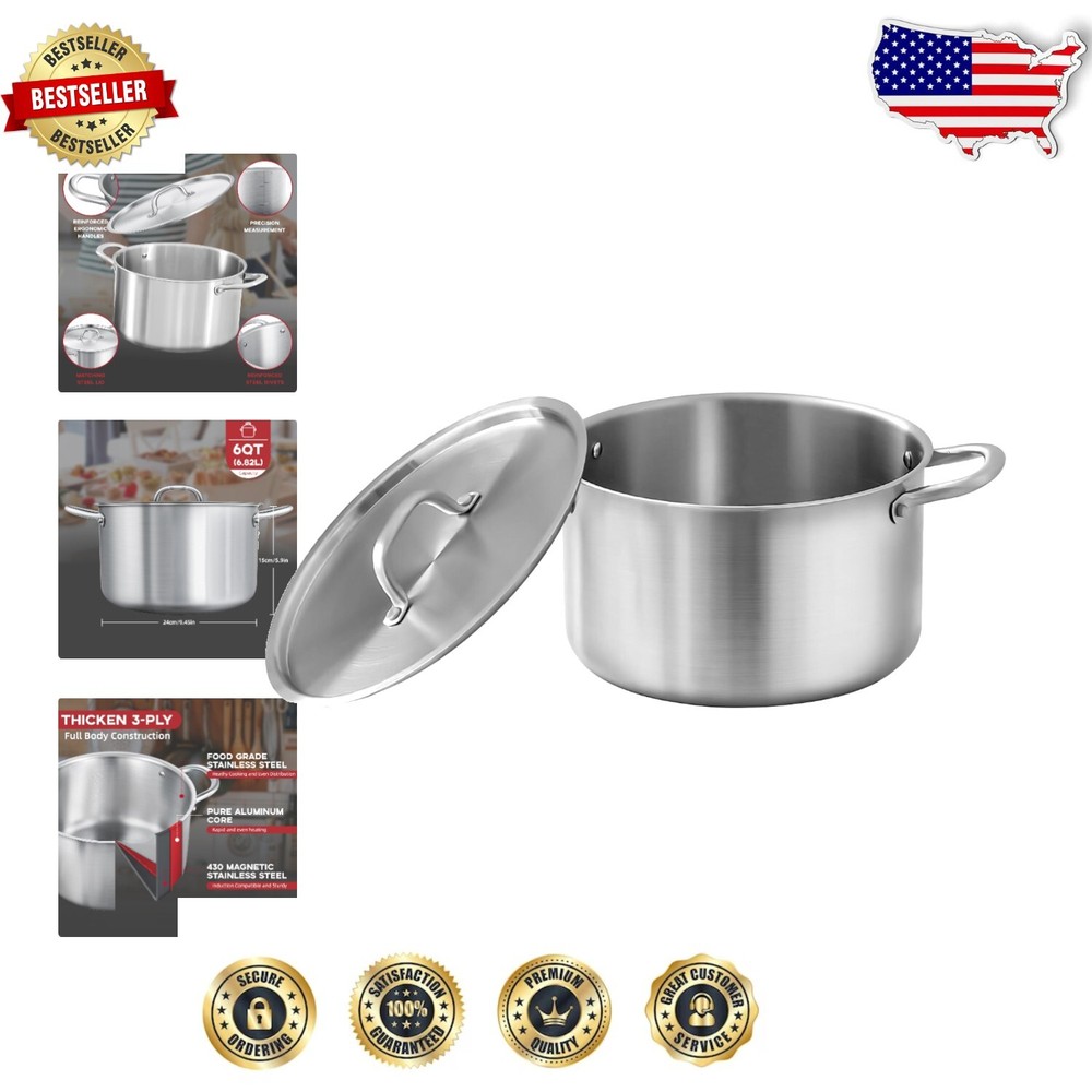Dishwasher-Safe 6 Quart Tri-Ply Stockpot with Steel Lid - Effortless Cooking