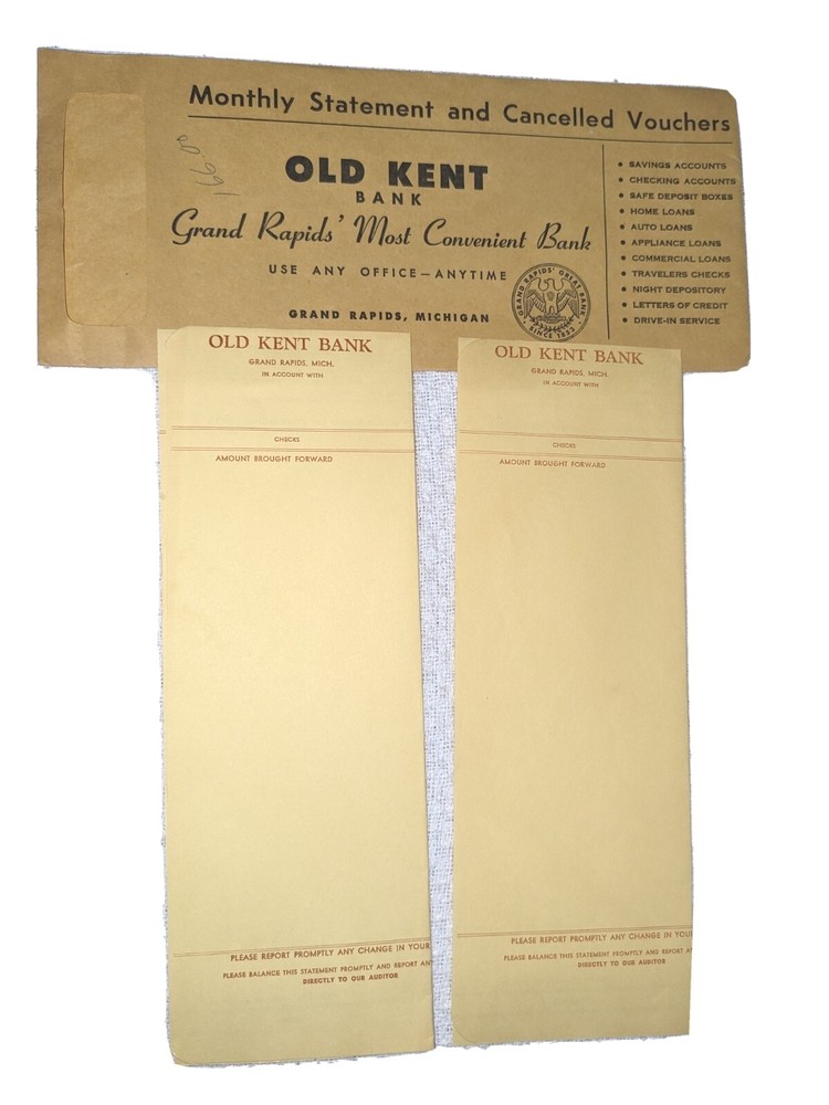 Vintage Old Kent Grand Rapids Bank Statement Vouchers Envelope Ephemera Michigan-image