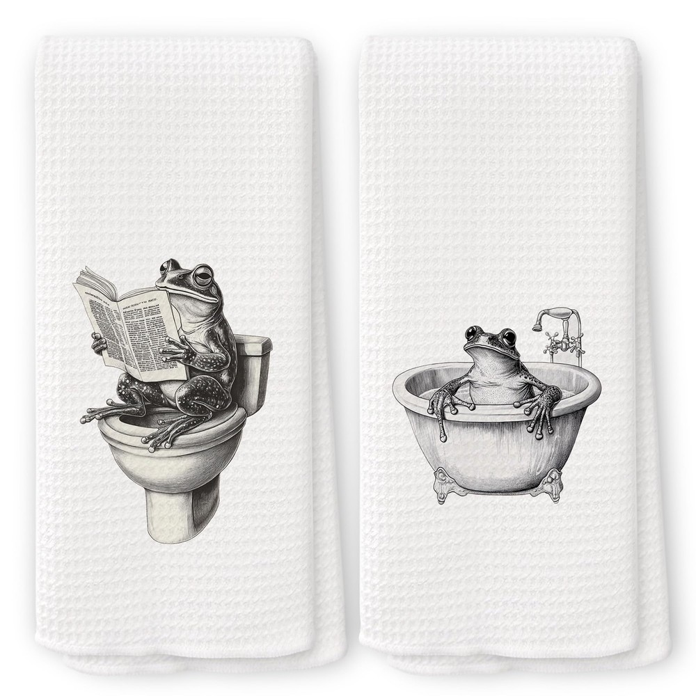 Funny Retro Frog Bathroom Towels Set of 2, Quirky Bathroom Toilet Dish Tea To...