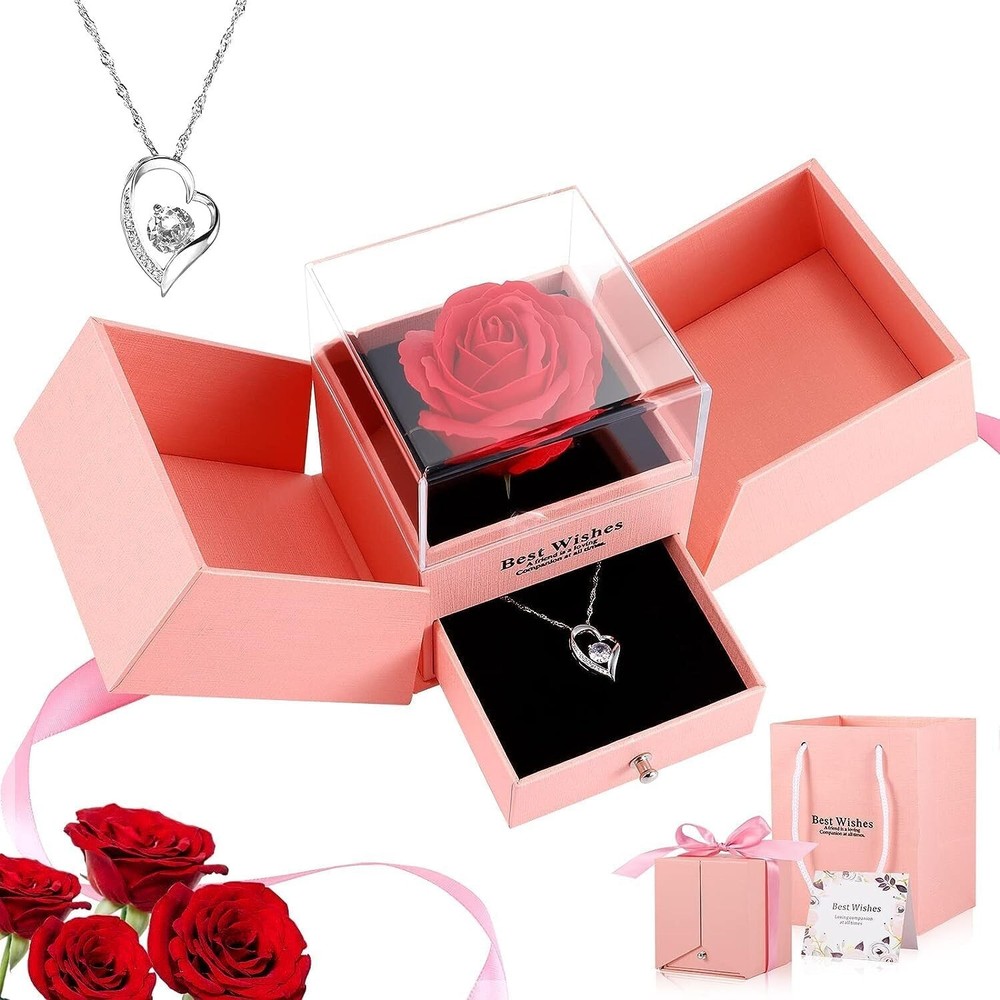 Forever Red Rose Jewelry Gift Box, Artificial Rose Flower Gifts for Woman, Je...