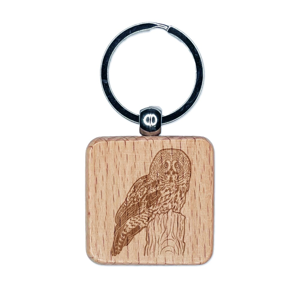 Wise Great Gray Owl Engraved Wood Square Keychain Tag Charm