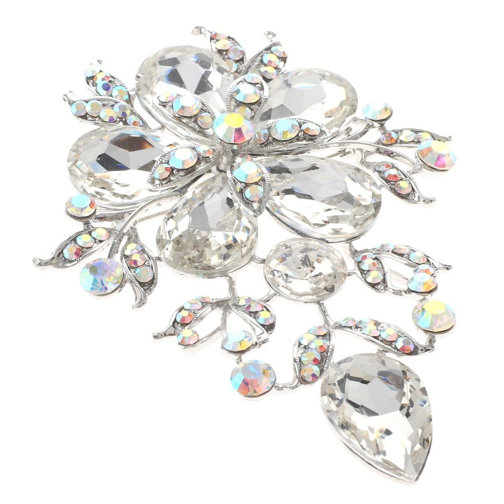 Silver Tone Alloy Metal Extra Large Crystal Flower Brooch P1577-SAB