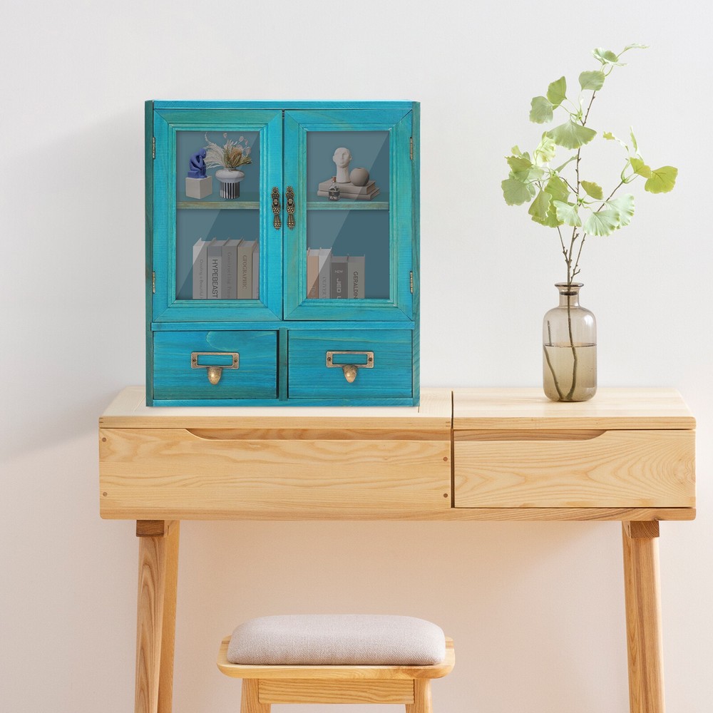 2-Tier Wooden Storage Cabinet with 2 Drawers & Double Doors