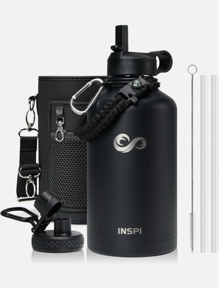 INSPI Insulated Water Bottle 64oz with Straw & 2 Lids, Half 64 oz, Black