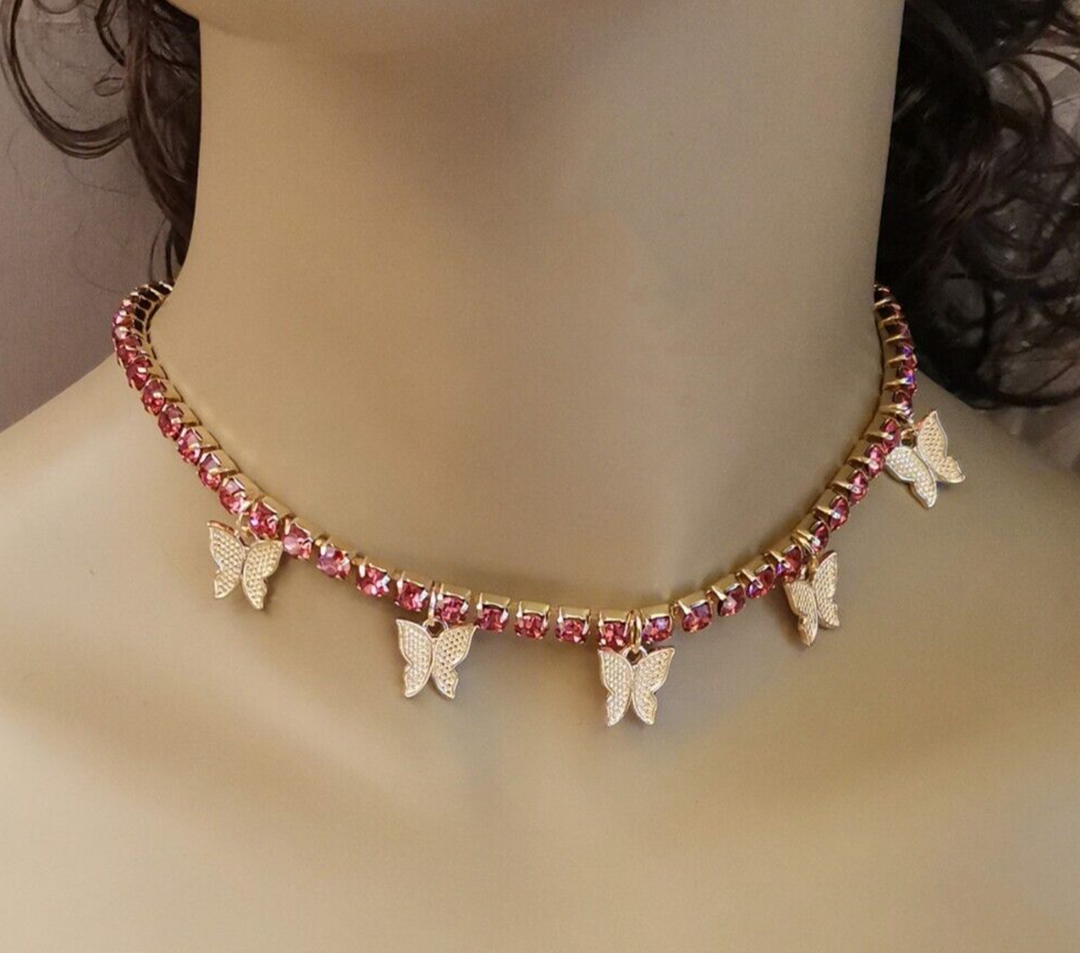Lovely Butterfly Necklace 4CT Pink Simulated Diamond Choker Necklace Gold Plated