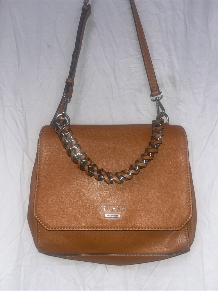 Vintage Guess Handbag Shoulder Top Handle Women’s Brown Bucket WeavedChainHandle