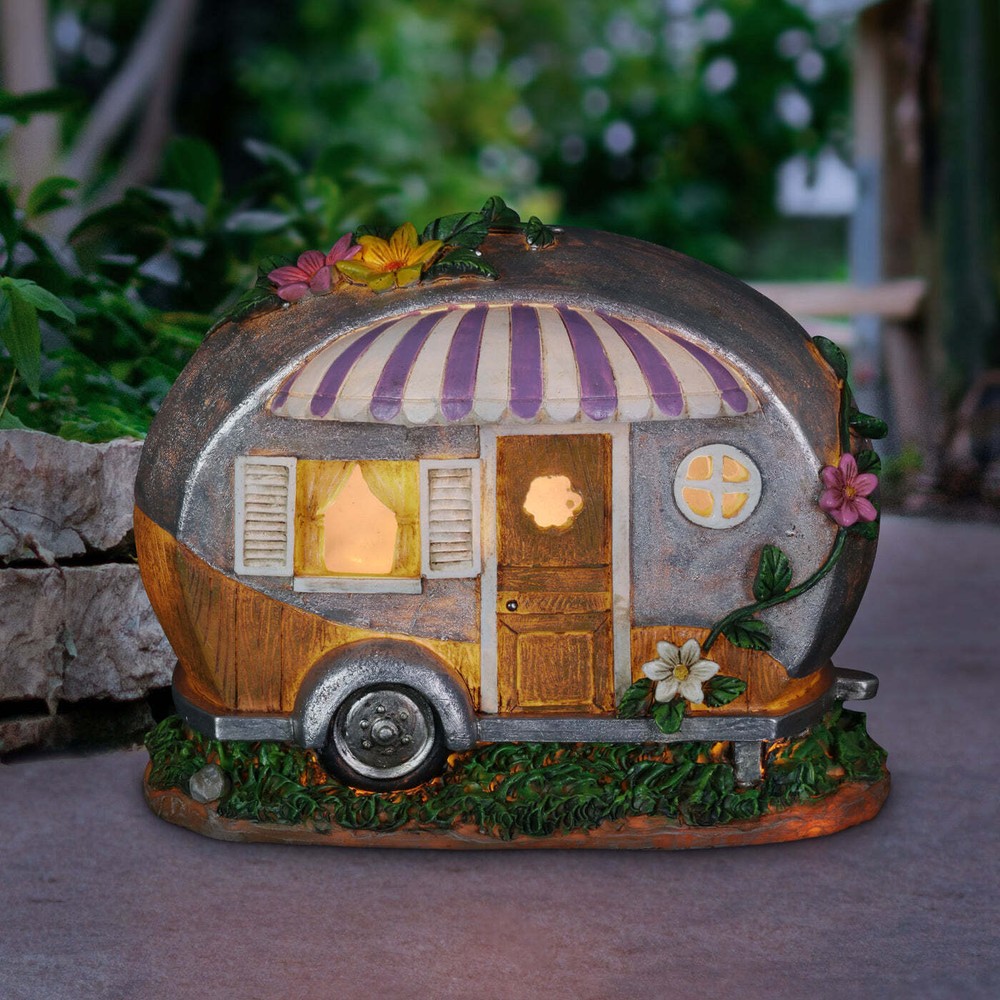Solar-Powered Hand-Painted Camping Trailer Statue with Lavender Awning - 5x6.5 Inch Decorative Outdoor Accent