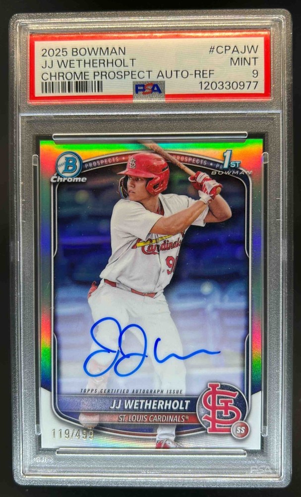 2025 Bowman JJ Wetherholt Chrome Auto Refractor 1st Prospect #119/499 PSA 9