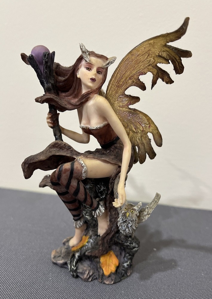 Sitting Fairy With Owl Holding Staff Figurine - Fantasy Mythical Princess Magic