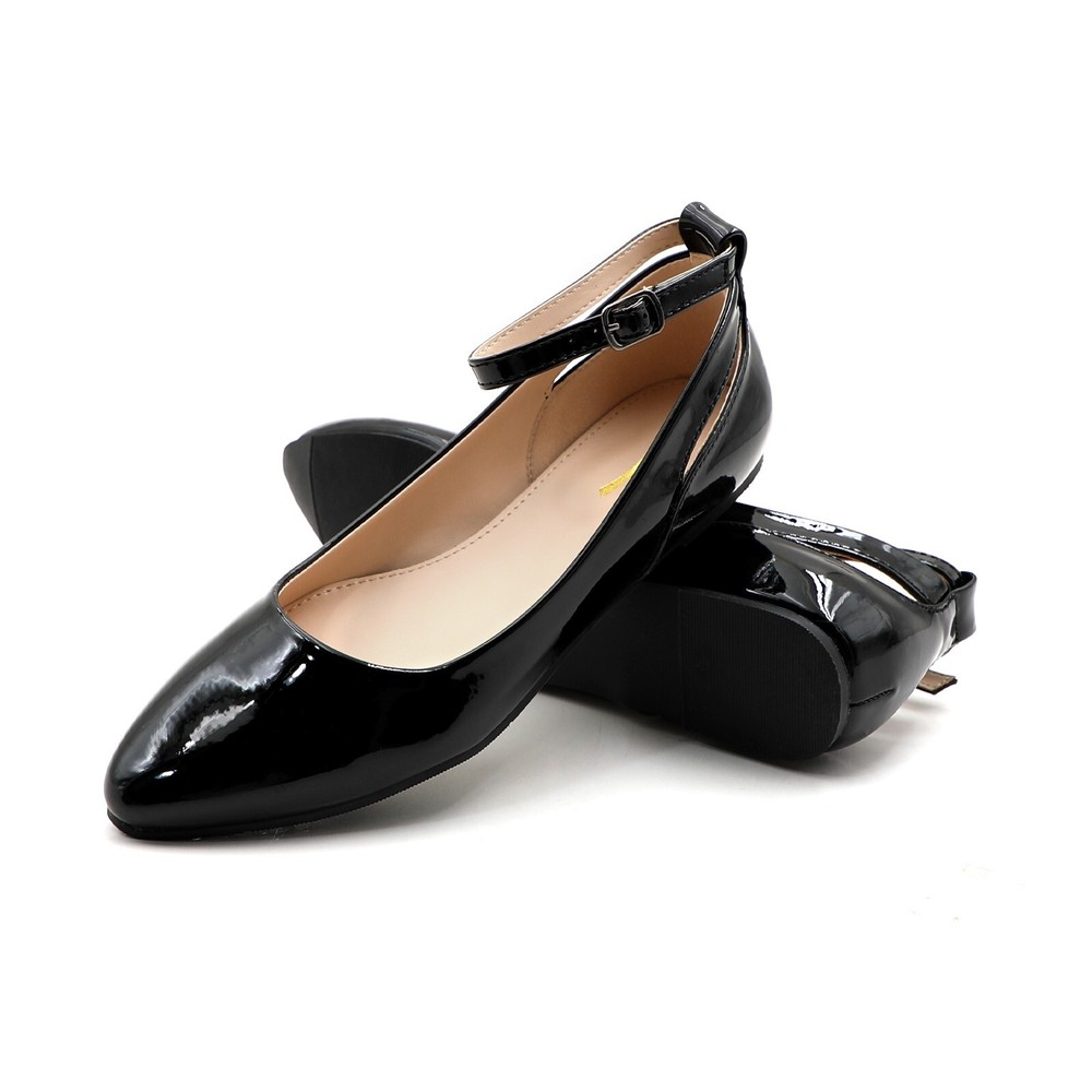 Glaze Women's Patent PU Ballet Flats Ankle Strap Pointed Toe