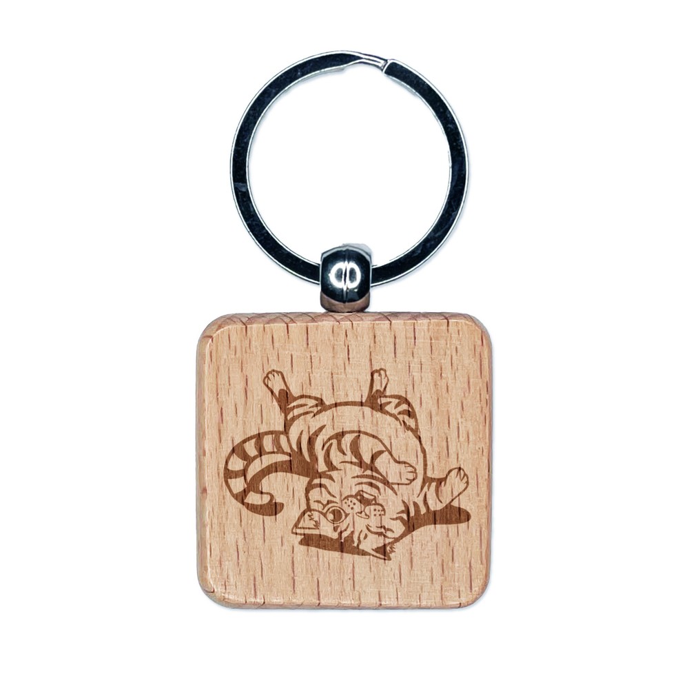 Playful Cat Rolling Around Engraved Wood Square Keychain Tag Charm