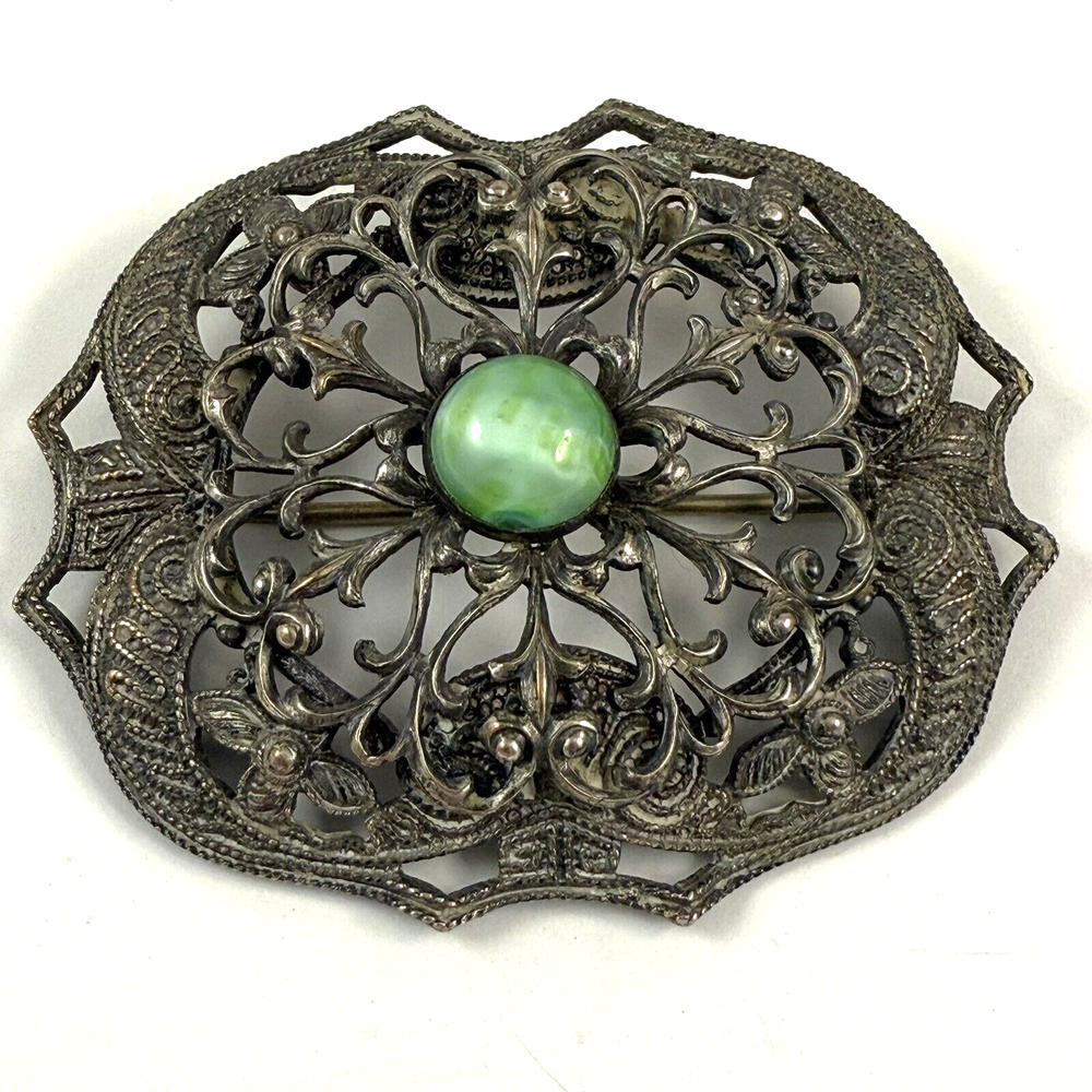 Antique Victorian Sash Brooch Mottled Green Glass Cabochon Silver Tone