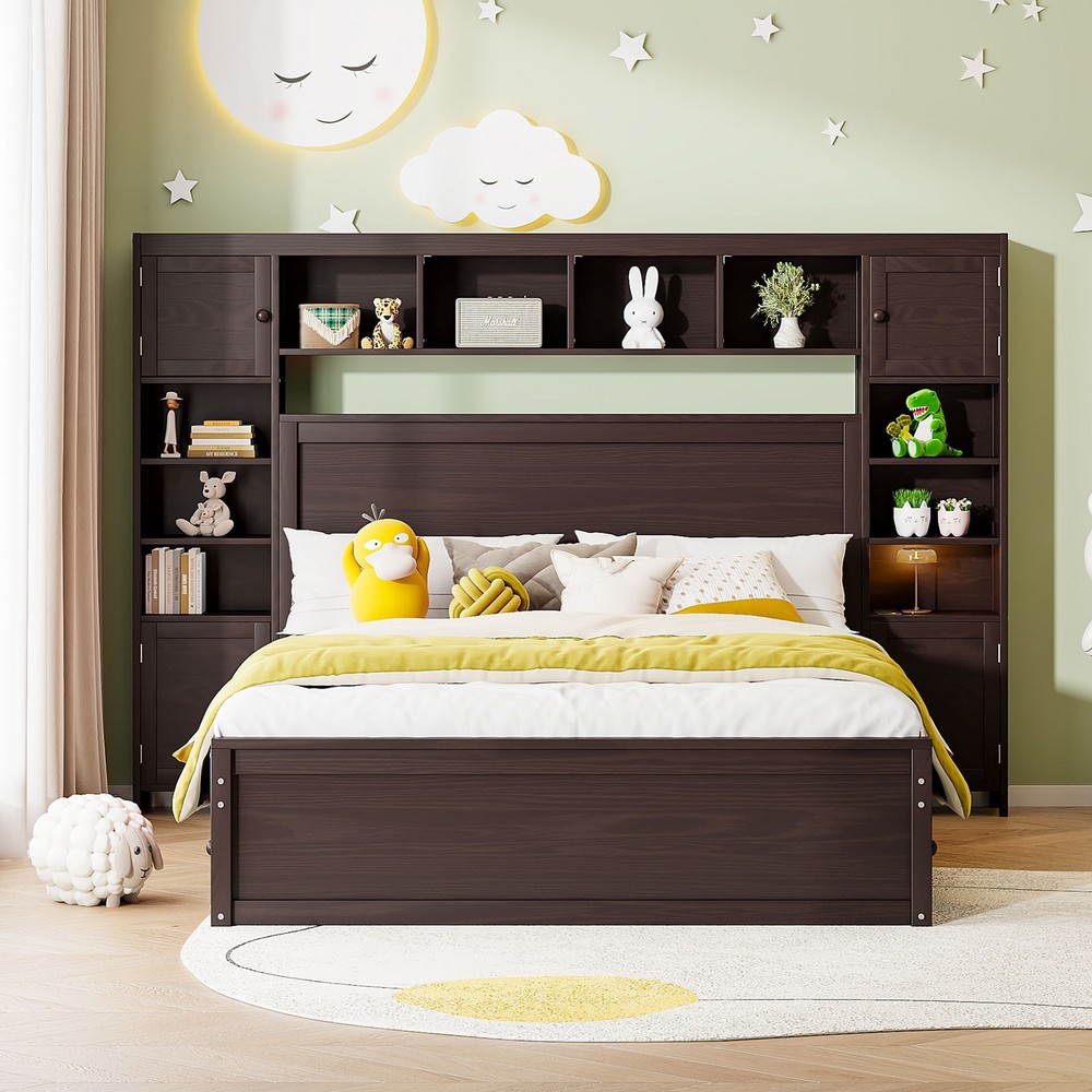 Queen Wood Bed with 4 Drawers, All-in-One Cabinet and Shelf,