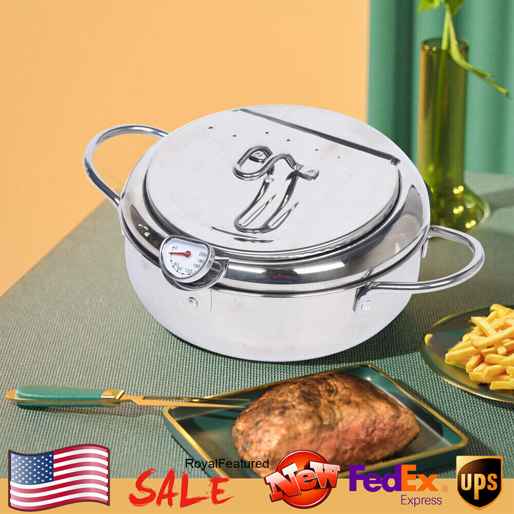 Kitchen Deep?Frying?Pan Stainless Steel Tempura Fryer Pot Fry Foods Maker 2.2L