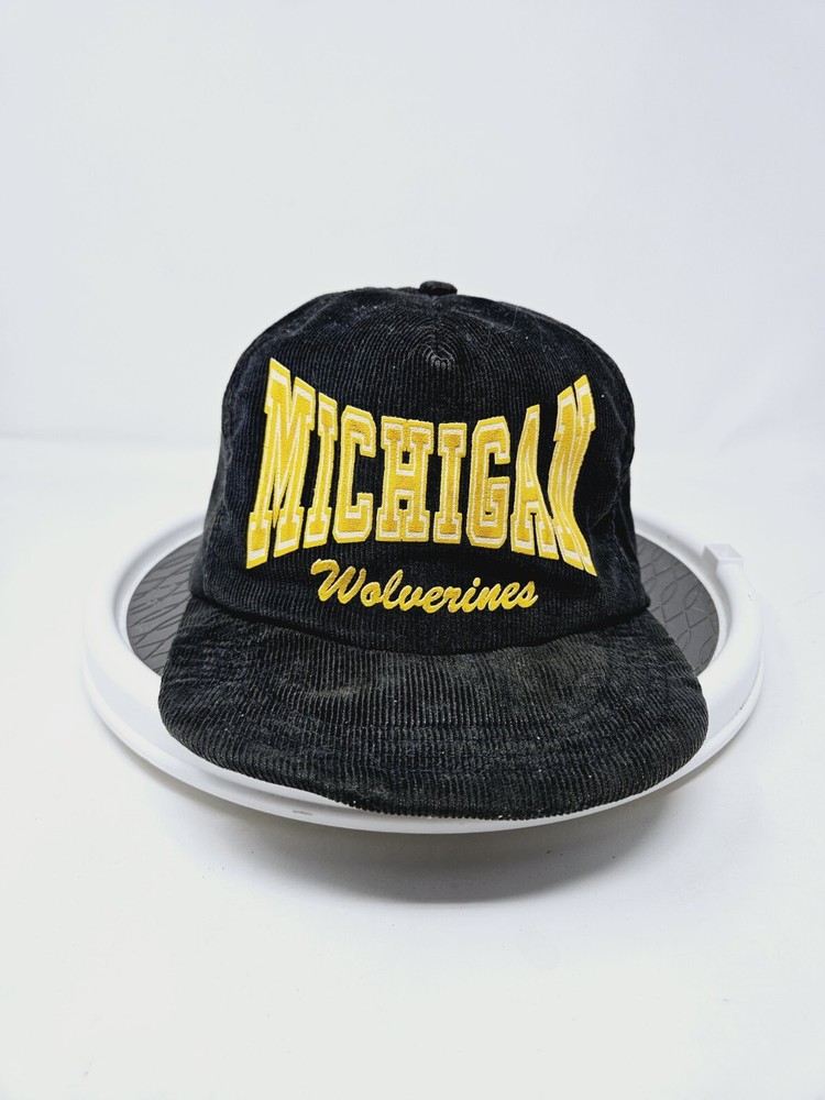 Vintage 80s Michigan Wolverines Black Corduroy Trucker Snapback Hat USA Made