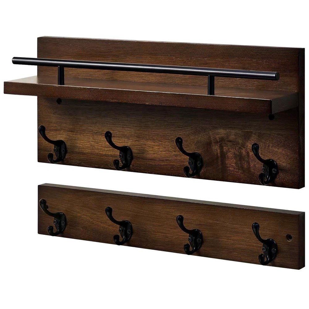 Coat Rack Wall Mount with Shelf Set, Wooden Coat Hooks Key Holder for Wall, H...