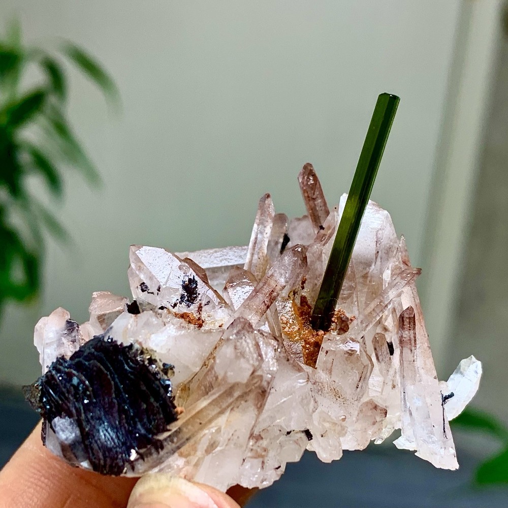 49G Natural Green tourmaline with quartz crystal cluster mineral specimen