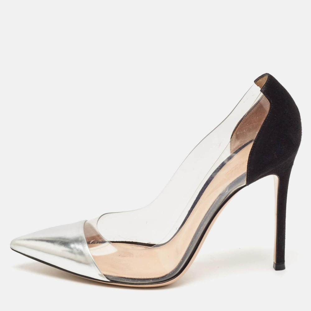 Gianvito Rossi SilverBlack Leather and PVC Plexi Pointed Toe Pumps Size 38