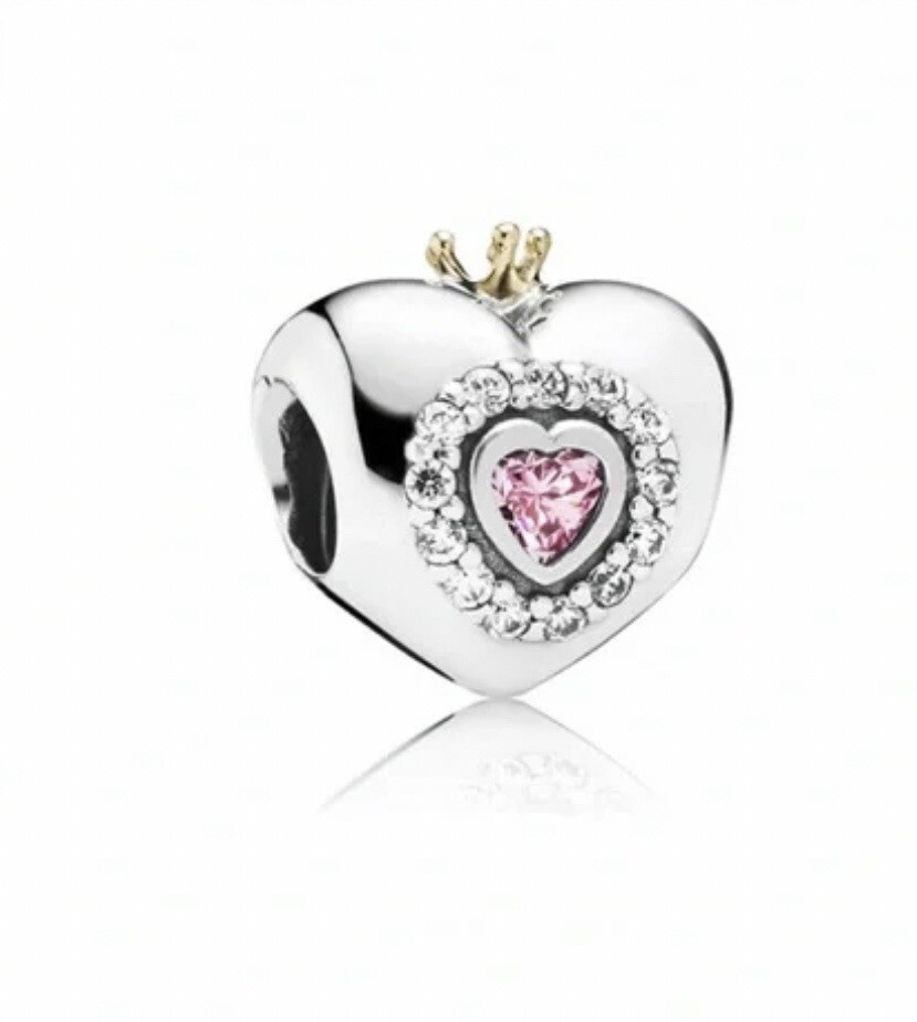 PRINCESS HEART PANDORA Silver 14K Gold Crown Pink CZ Charm