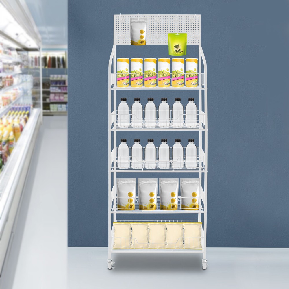 5 Tier Retail Display Cases Movable Snack Candy Display Shelf Snack Rack w/Hooks