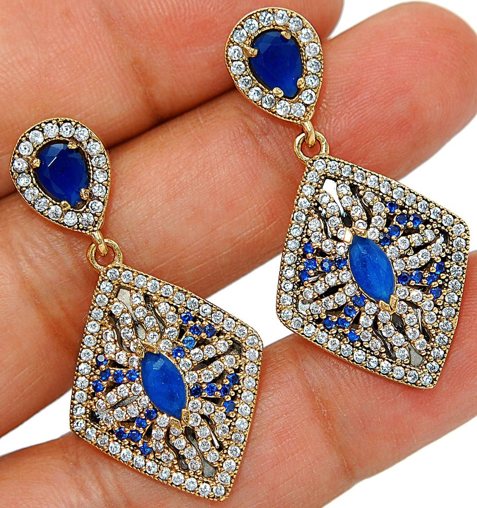 Ottoman Empire Inspired 8CT Treated Sapphire 925 Sterling Silver Earrings TE1645