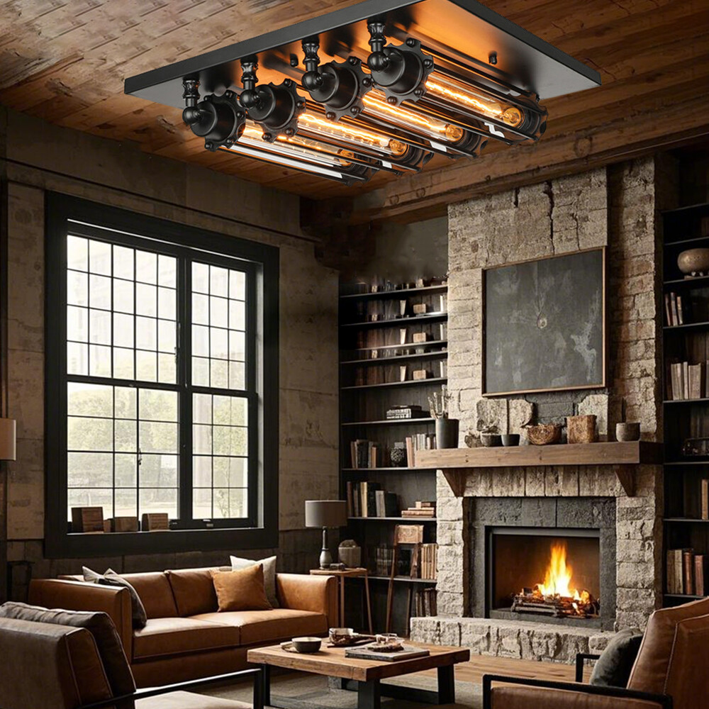 Industrial 4-Tube Flush Mount Ceiling Light for Cafe & Shop Lighting