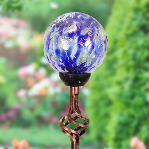 Solar Pearlized Honeycomb Glass Ball Garden Stake with Metal Finial in Dark Blue