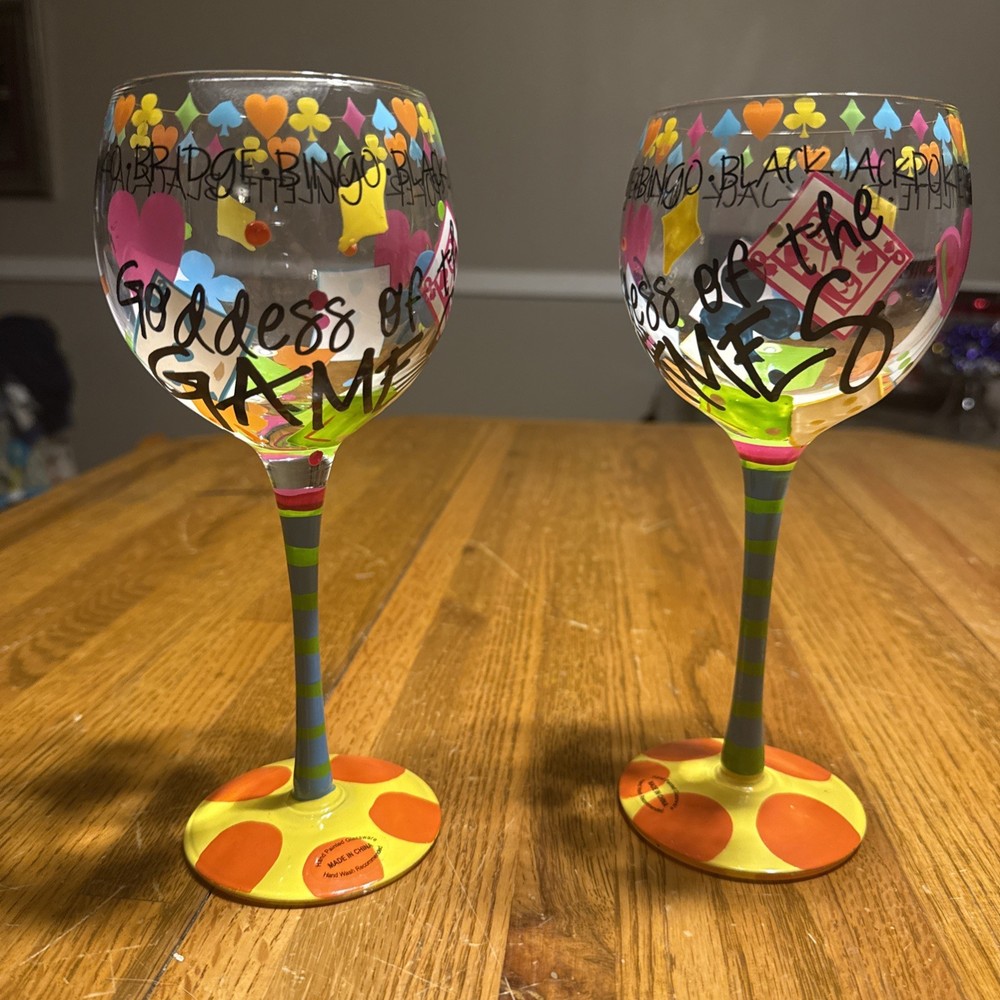 Gambling Goddess Wine Glasses Hand-Painted Novelty Doozie Design for Women  