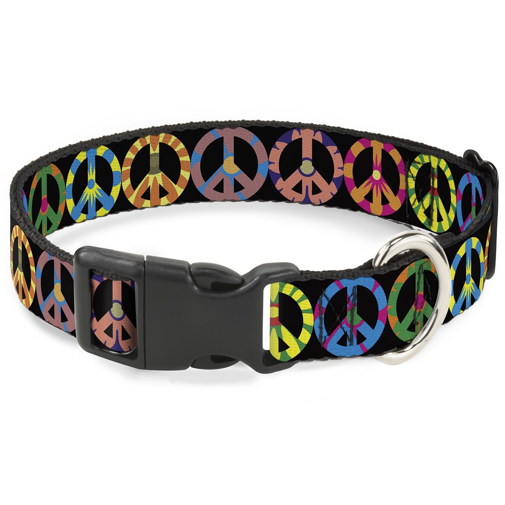 Plastic Clip Collar Peace Flowers Black/Multi Color Large 15-24
