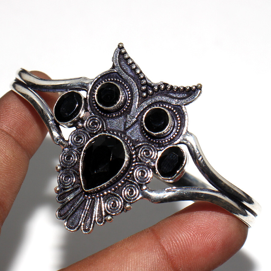 Black Onyx 925 Silver Plated Owl Gemstone Bangle FreeSize Unique Jewelry JW