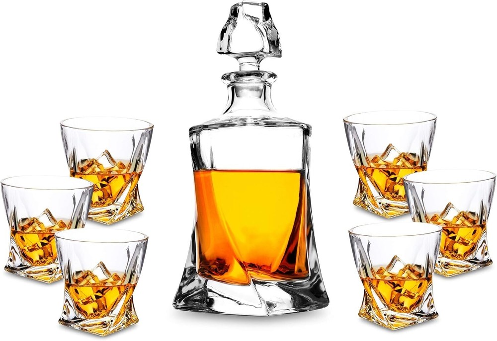 Crystal Whiskey Glasses Set with Decanter for Old Fashioned Cocktails