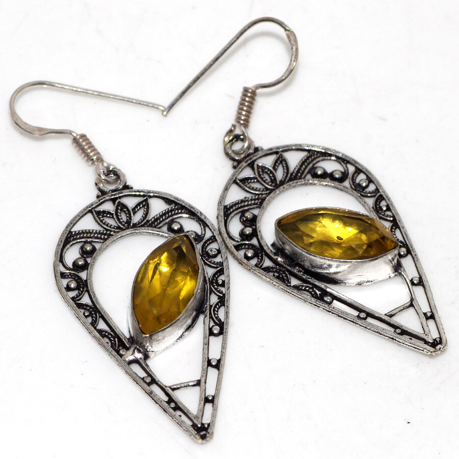 Citrine 925 Silver Plated Gemstone Earrings 2.1 Inch Elegant Jewelry JW