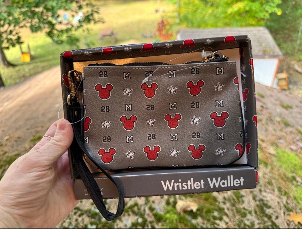 New Disney Mickey Mouse Gray/Red Wristlet Wallet Bag with White Gloves