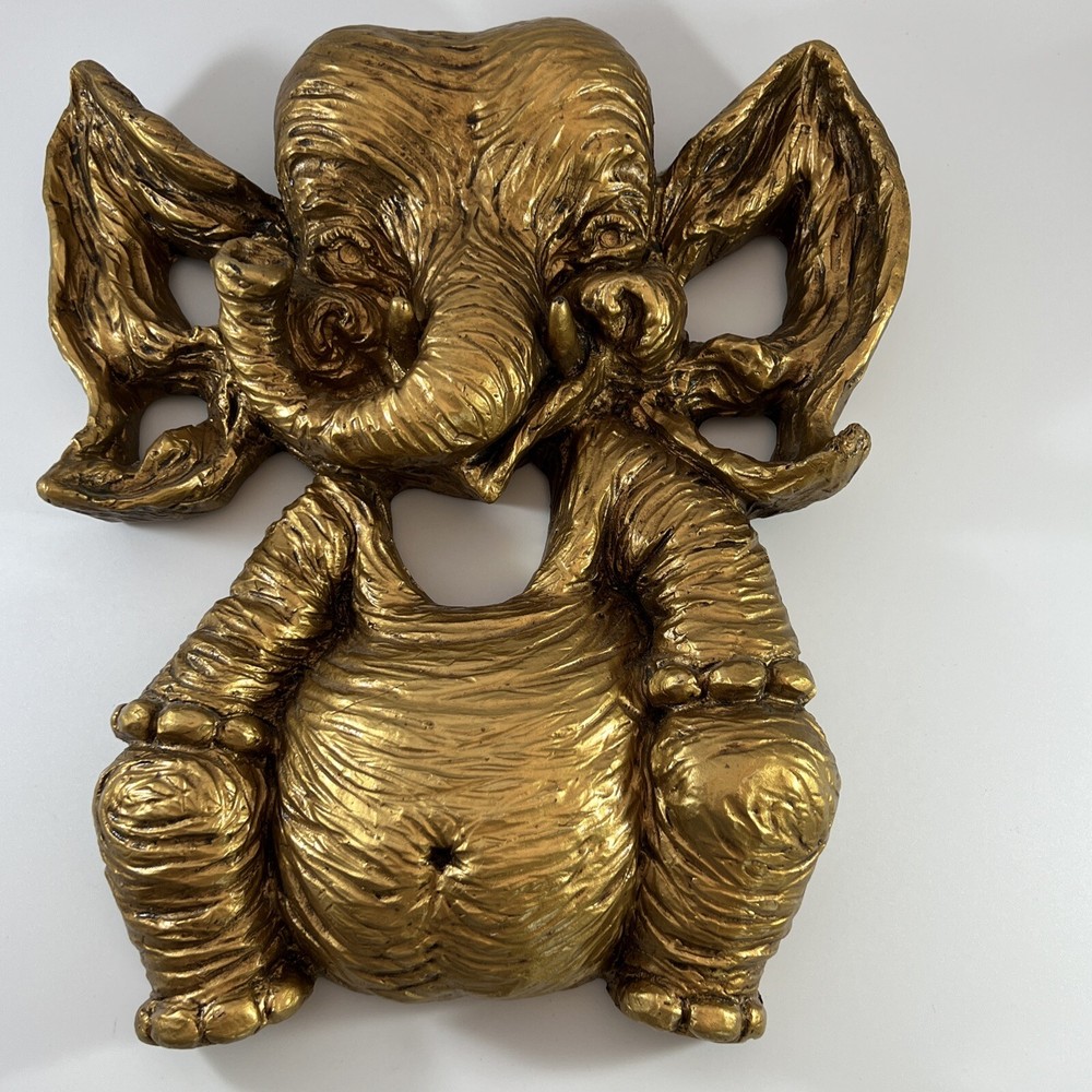 Mid Century Modern Gold Elephant Relief Wall Hanging Safari 1972