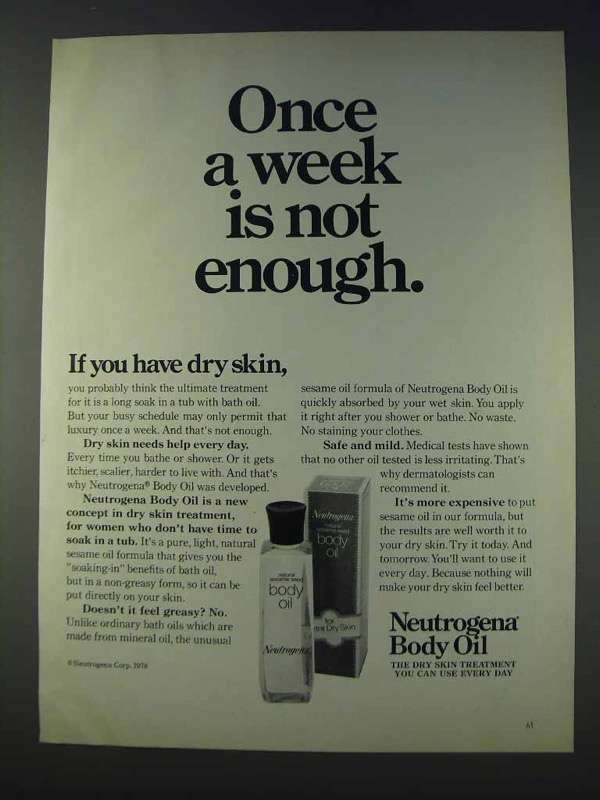 1978 Neutrogena Body Oil Vintage Ad - Once A Week Is Never Enough