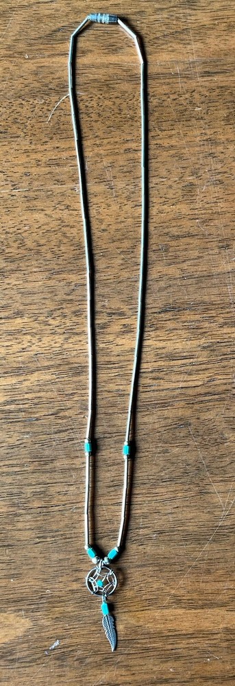 vintage native american liquid silver necklace with small dreamcatcher turquoise
