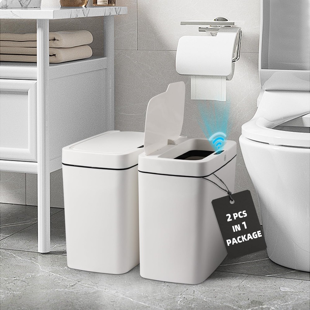 Bathroom Trash Can with Lid 2 Pack 3.9 Gallon Touchless Automatic Garbage Can...