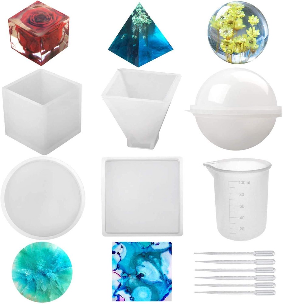 Silicone Resin Molds 5pcs Resin Casting Molds Including Sphere Cube Pyramid Squa