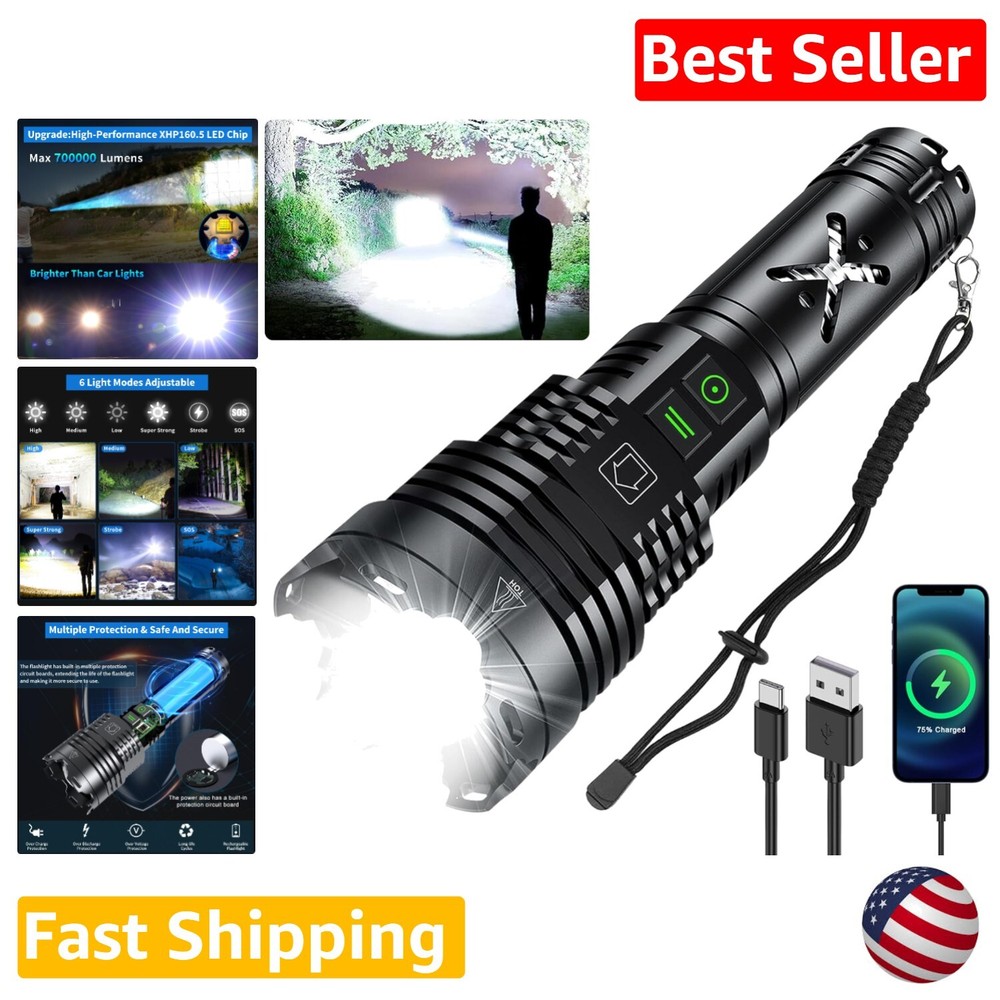 Powerful Tactical Flashlight - 700000 Lumens, Rechargeable, Waterproof, 6 Modes