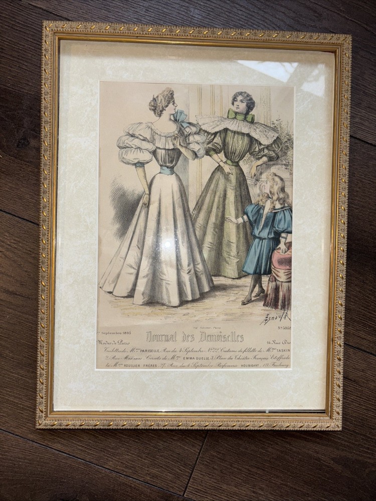 Victorian Gold Framed 1895 Page From French Magazine Journal Des Demoiselles