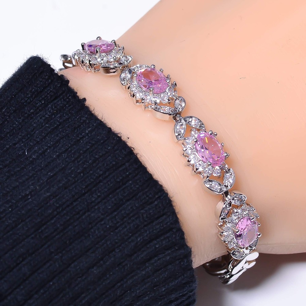 Pink Sapphire & CZ Simulated 925 Sterling Silver Tennis Bracelet 7.99
