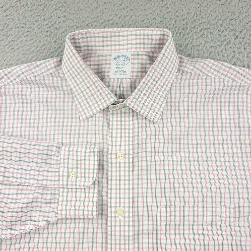 Brooks Brothers Dress Shirt Mens 17.5 White Pink Check Regent Non Iron Cotton