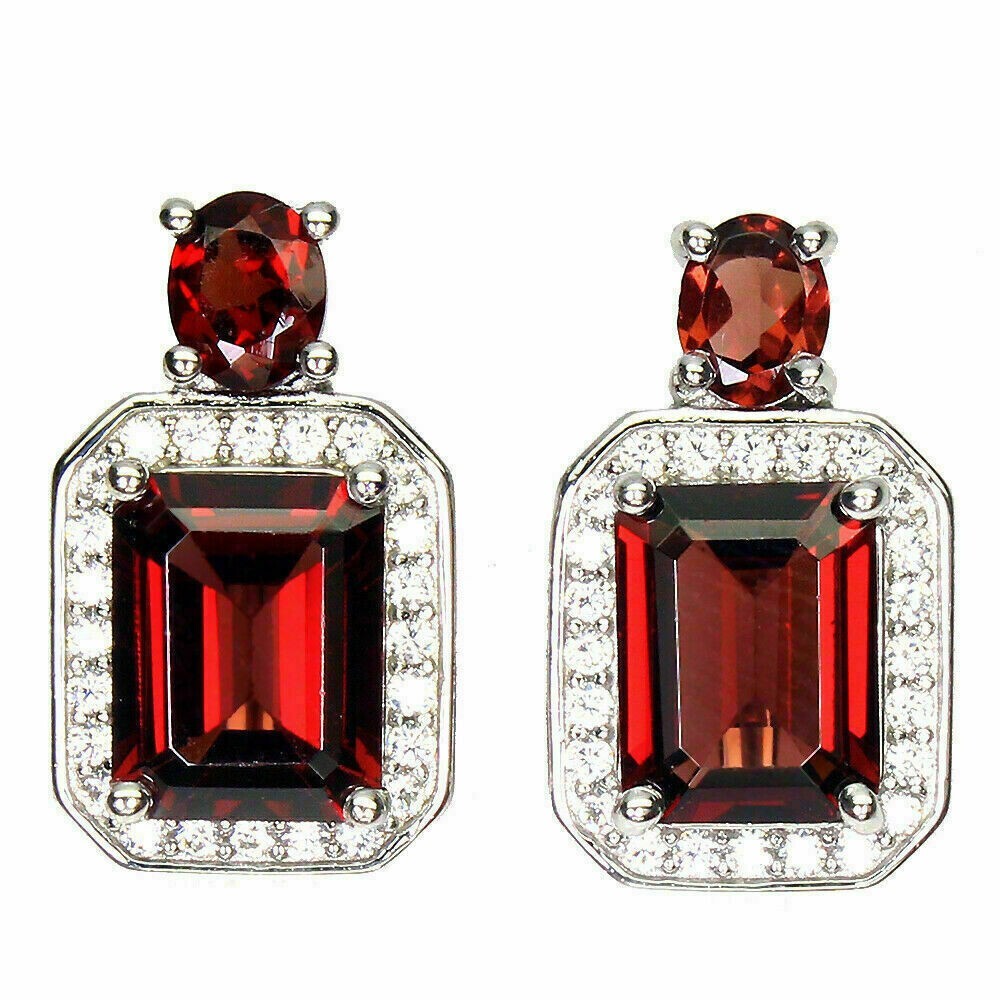 Sterling Silver Stud Earrings with Genuine Natural Red Garnet Gemstones