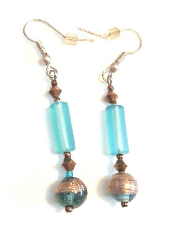 Blue Glass Boho Beaded Southwestern Eastern European Dangle Hoop Earrings