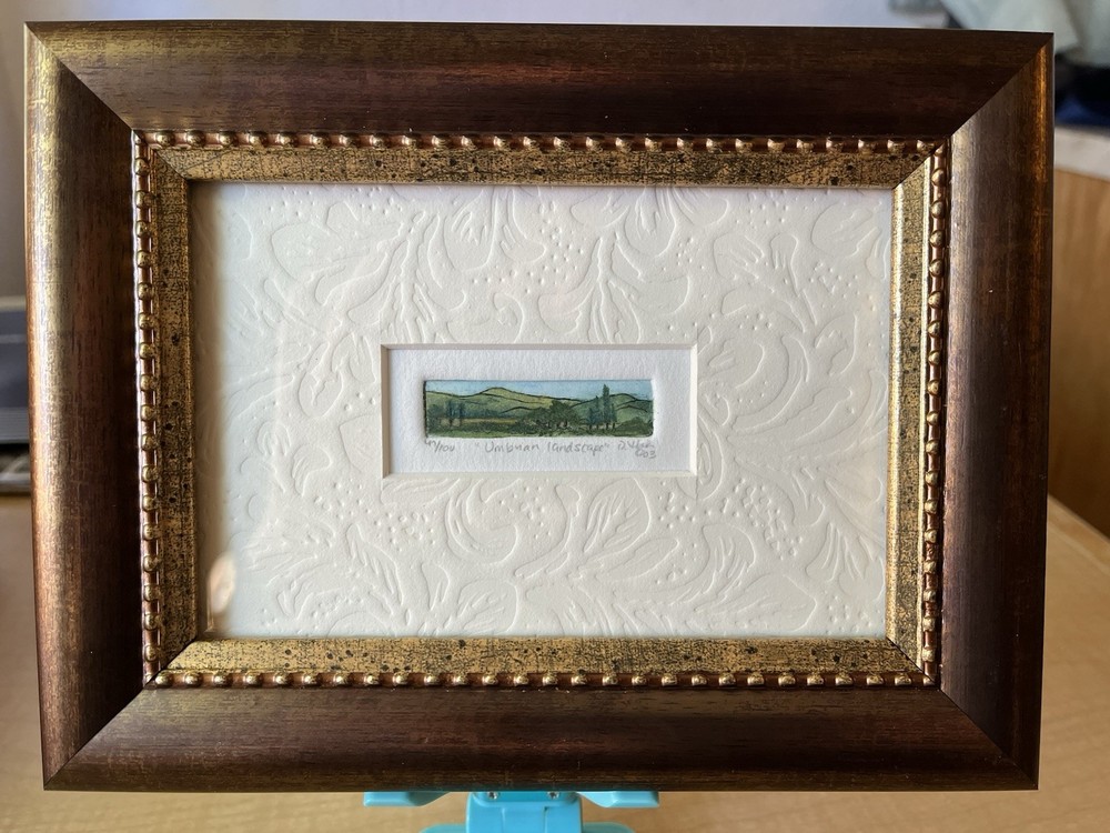 Original Framed Miniature Hand Colored Etching Titled “Umbrian Landscape”