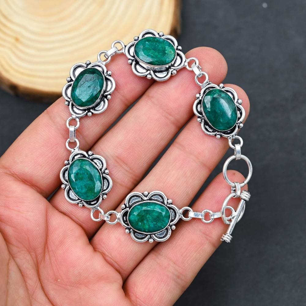 Skota Emerald Gemstone Handmade 925 Sterling Silver Jewelry Bracelet 6-8