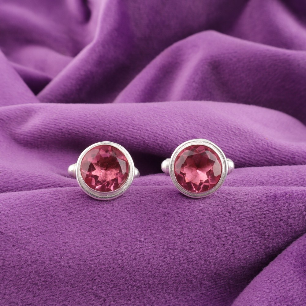 Sterling Silver Pink Tourmaline Gemstone Anniversary Birthday Cufflinks Jewelry