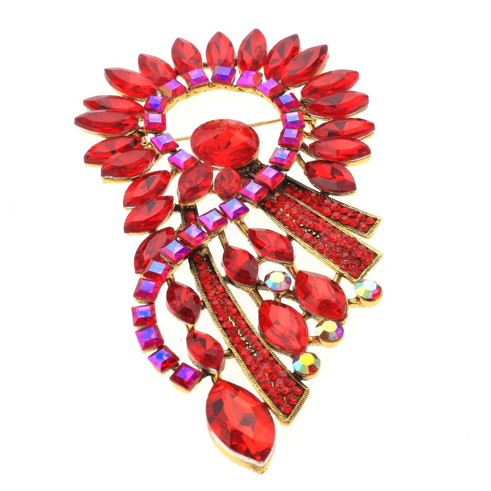 Antique Gold Alloy Metal Extra Large Crystal Flower Brooch P1517-RED