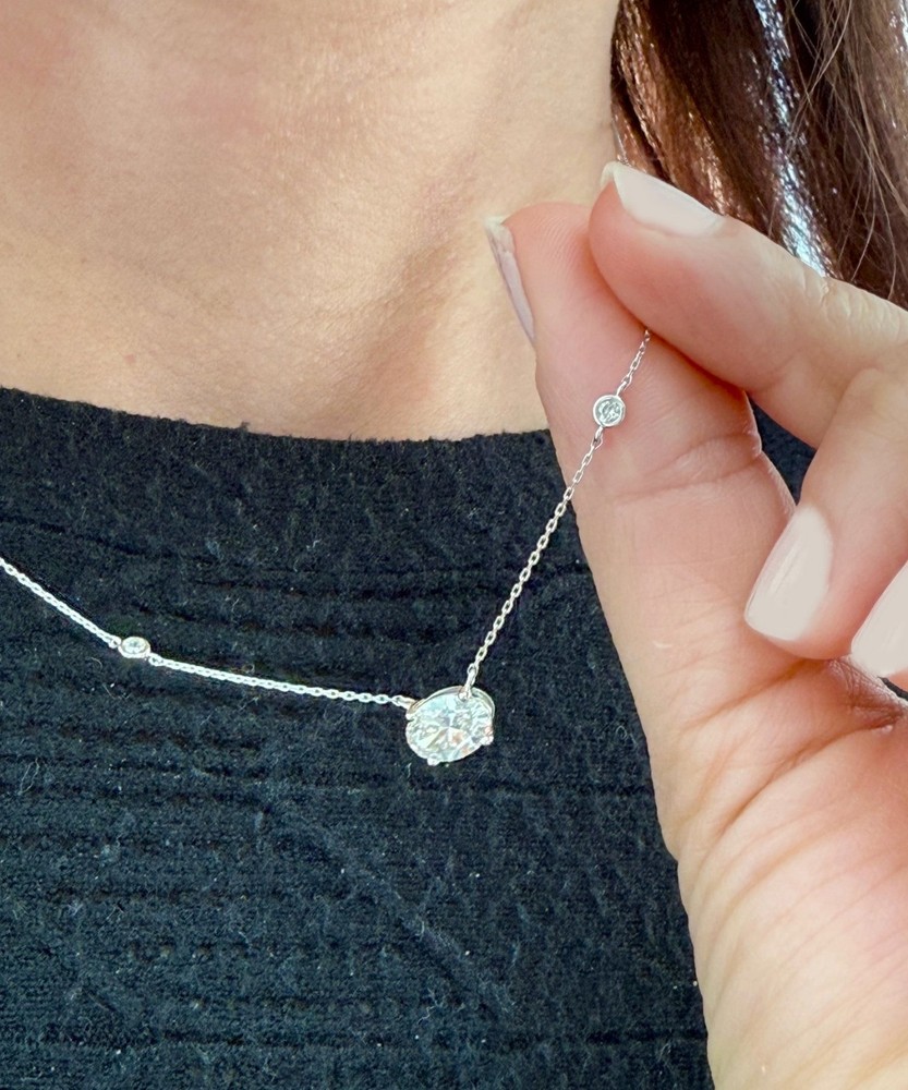 Oval Diamond Bezel Set Solitaire Necklace Chain IGI Cert 14k White Gold 2.30ct