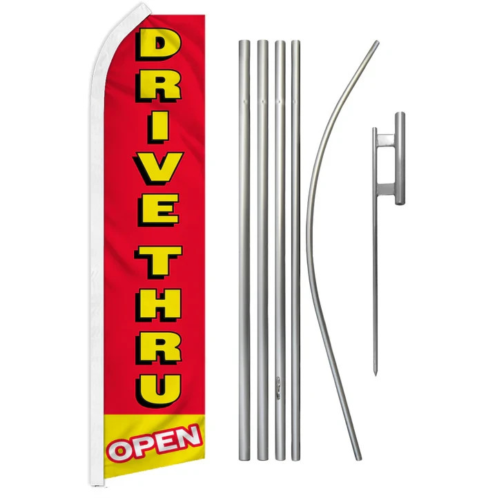 Drive-Thru Open Advertising Swooper Feather Flutter Flag & Pole Kit Restaurant